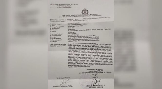 
					Surat tanda terima laporan terhadap kader PMII dari Polres Probolinggo. (foto: istimewa)