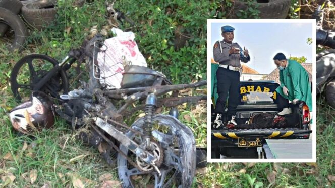 
					DIBAKAR: Motor milik terduga maling yang dibakar massa. Pelaku meninggal di rumah sakit (insert).