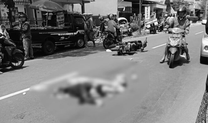 
					TERLINDAS: Korban terkapar di tengah jalan pasca dilindas truk pasir. (foto: Asmadi).