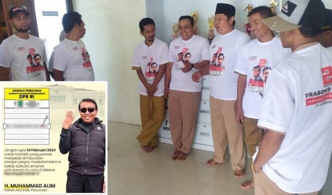 
					MANUVER: Kades bersama perangkat Desa Asem Kandang, Kecamatan Kraton, menggunakan kaos bergambar pasangan capres. (Insert) Foto 4 jari Kades Karangsono, Kecamatan Sukorejo, Moch Alim. (foto: Moh. Rois).