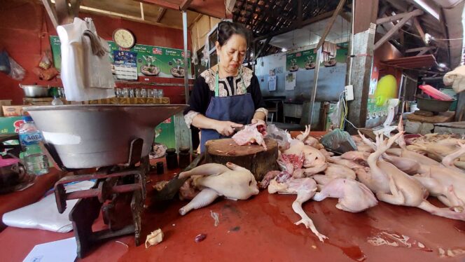 
					NAIK: Penjual daging ayam di Pasar Baru Kota Probolinggo sedang melayani pembeli. (foto: Hafiz Rozani).