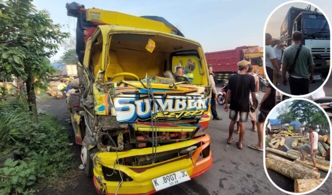 
					BERSERAKAN: Kondisi truk engkel yang ringsek usai bertabrakan dan kayu sengon yang berserakan. (foto: Hafiz Rozani).