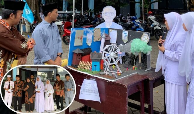 
					ASAH KREATIVITAS: Dewan juri saat menilai Mading 3D karya santri SMA Zainul Hasan 1 Genggong. Insert: Pembersihan hadiah kepada para pemenang lomba. (foto: istimewa).