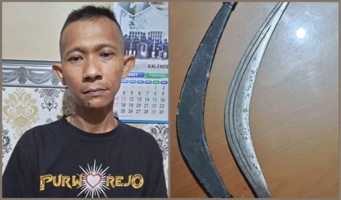 
					DITANGKAP: Totok Handoko (42) dan barang bukti senjata tajam yang dibawanya. (foto: Moh. Rois).