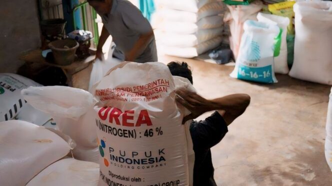 
					LANGKA: Pupuk urea sedang diakut pekerja pindah tempat. (foto: dok).