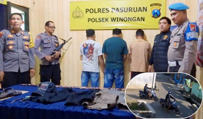 
					BIANG CURANMOR: Dua terduga pelaku curanmor dan seorang penadah diringkus Polsek Winongan, Polres Pasuruan.  Insert: Kedua pelaku terekam CCTV saat beraksi. (foto: Moh. Rois).