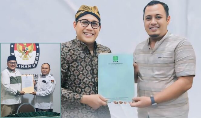 
					GERAK CEPAT: Lora Fahmi (kanan) saat menerima SK penunjukan dari Ketua Bidang Eksekutif dan Legislatif DPP PKB, A. Halim Iskandar. Insert: Penyerahan SK terbaru ke KPU Kabupaten Probolinggo.  (foto: Ali Ya'lu).