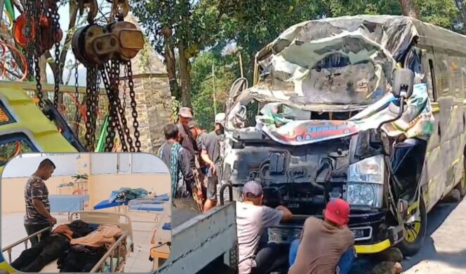 
					RINGSEK: Minibus yang ringsek hendak ditarik dengan truk derek. Insert: Dua korban tewas berada di Puskesmas Sukapura. (foto: Hafiz Rozani).