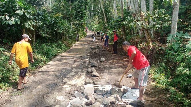 
					SWADAYA: Sejumlah warga sedang bergotong royong memperbaiki akses jalan perbatasan Kabupaten Probolinggo - Jember. (foto: Ali Ya'lu).
