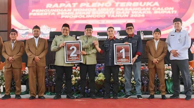 
					BELUM SETOR LADK: Kedua Paslon Pilkada Probolinggo saat pengambilan nomor urut di Gedung Islamic Centre Kraksaan, Senin (24/9/4) kemarin. (foto: Ali Ya'lu)
