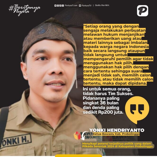 
					Quotes Ketua Bawaslu Kabupaten Probolinggo, Yonki Hendriyanto menyikapi potensi politik uang di Pilkada Serentak 2024 di Kabupaten Probolinggo. (Grafis: Ifen M.H).