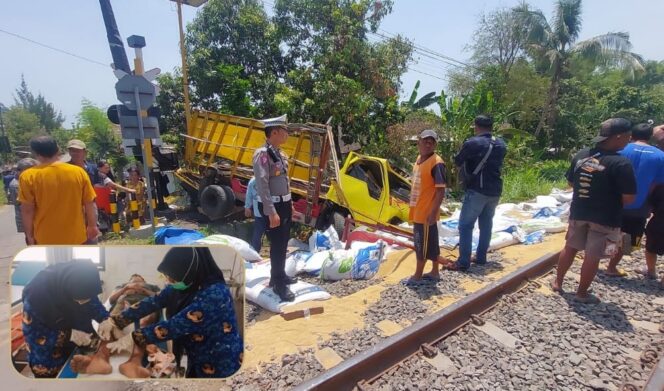 
					RINGSEK: Truk pengangkut pakan ternak ringsek usai ditabrak KA. Insert: Sopir truk mendapatkan perawatan medis di Puskesmas Tongas. (foto: Hafiz Rozani)