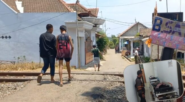 LAKA: Perlintasan sebidang di Desa Pesisir, Kecamatan Sumberasih, Kabupaten Probolinggo, yang menjadi lokasi kecelakaan KA. Insert: Dua korban tewas di kamar mayat RSUD dr. Moh. Saleh. (foto: Hafiz Rozani).