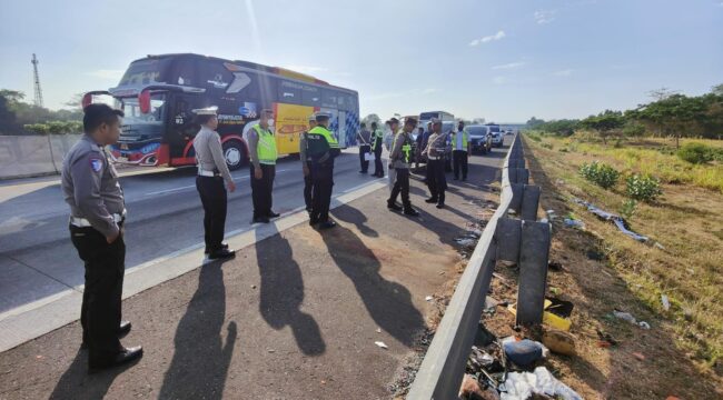 OLAH TKP: Dirlantas Polda Jatim dan Polres Pasuruan Kota gelar olah TKP pasca kecelakaan yang melibatkan minibus dan truk di ruas Tol Paspro. (foto: Moh. Rois).