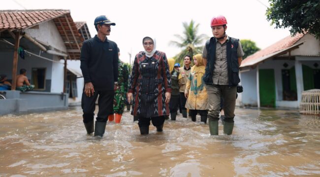 TINJAU: Pj. Bupati Lumajang, Indah Wahyuni, saat mengecek bencana banjir di wilayah Dusun Banter, Desa Rowokangkung. (foto: Istimewa).