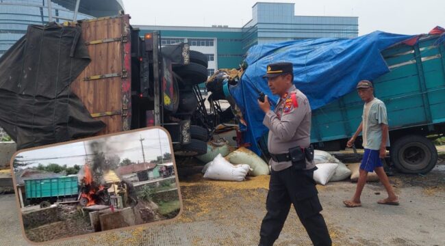 ADU BANTENG: Dua truk yang terlibat kecelakaan di Jl. Profesor Hamka. Insert: Truk terbakar pasca tabrakan. (foto: Hafiz Rozani).
