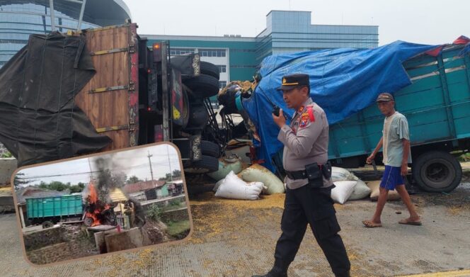 
					ADU BANTENG: Dua truk yang terlibat kecelakaan di Jl. Profesor Hamka. Insert: Truk terbakar pasca tabrakan. (foto: Hafiz Rozani).
