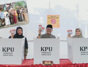 NYOBLOS: Gus Haris mencoblos di TPS 01 didampingi istri dan keluarga. Insert: Ra Fahmi mencoblos di TPS 03, juga didampingi istri dan keluarga. (foto: istimewa).