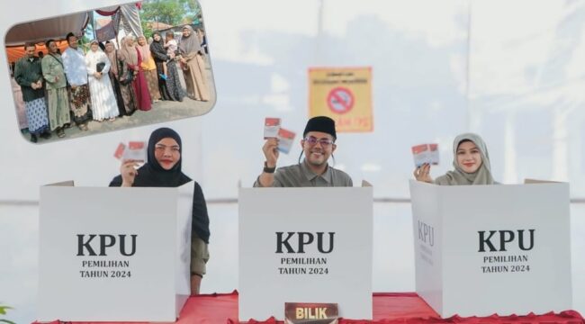 NYOBLOS: Gus Haris mencoblos di TPS 01 didampingi istri dan keluarga. Insert: Ra Fahmi mencoblos di TPS 03, juga didampingi istri dan keluarga. (foto: istimewa).