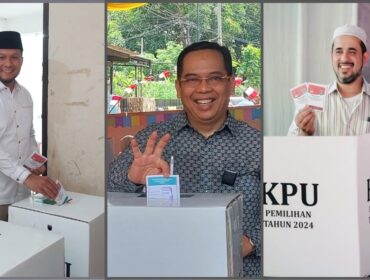 Didampingi istri, 3 Calon Wali Kota Probolinggo salurkan hak pilih di TPS masing-masing. (Dari kiri ke kanan) Fernanda Zulkarnain, Aminudin dan Hadi Zainal Abidin. (foto: Hafiz Rozani).
