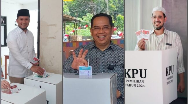 Didampingi istri, 3 Calon Wali Kota Probolinggo salurkan hak pilih di TPS masing-masing. (Dari kiri ke kanan) Fernanda Zulkarnain, Aminudin dan Hadi Zainal Abidin. (foto: Hafiz Rozani).
