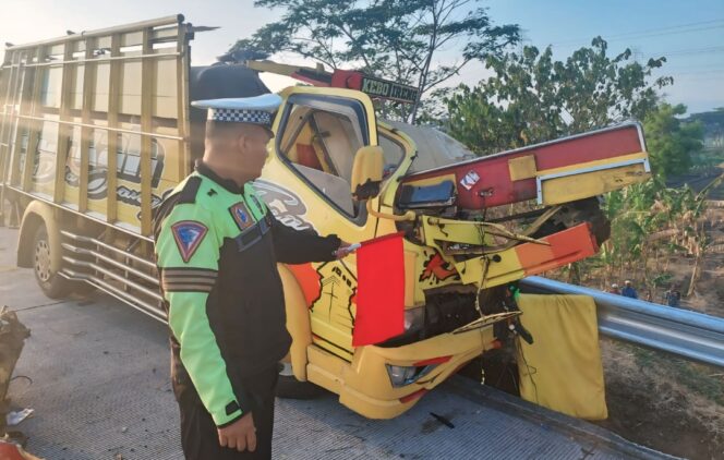 
					Truk pengangkut kerbau ringsek pasca-kecelakaan di jalan Tol Gempol - Pasuruan.
