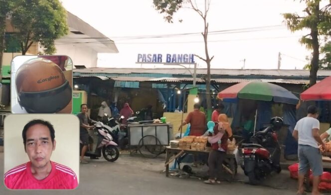 
					TERTANGKAP : Pencurian helm yang dilakukan Agus Winarno (insert)  di Pasar Bangil, Kab. Pasuruan, gagal dilakukan. Pelaku justru tertangkap warga. (foto: Moh. Rois)