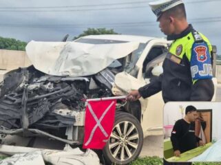 LAKA: Toyota Avanza ringsek usai alami kecelakaan di Tol Paspro. Insert: Korban meninggal di kamar mayat, Syamsuddin Batolla. (foto: Hafiz Rozani)