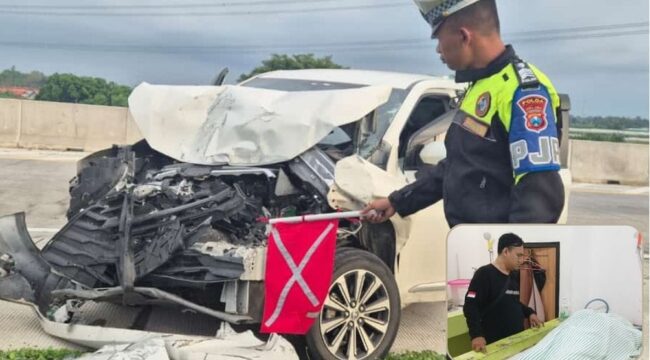 LAKA: Toyota Avanza ringsek usai alami kecelakaan di Tol Paspro. Insert: Korban meninggal di kamar mayat, Syamsuddin Batolla. (foto: Hafiz Rozani)