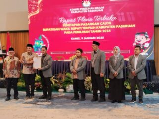 Penetapan Rusdi Sutejo dan Shobih Asrori sebagai Bupati dan Wakil Bupati Pasuruan terpilih periode 2024-2029.