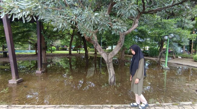 MENGGENANG: Salah satu lokasi di Taman Maramis yang menggenang akibat guyuran hujan. (Foto: Hafiz Rozani).
