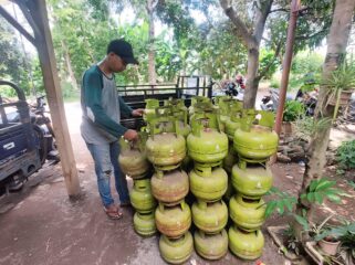 BERKURANG : Pemilik pangkalan di Kota Probolinggo, Muhammad Qosim, sedang merapikan tabung LPG 3 Kg. (foto: Hafiz Rozani).
