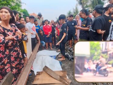 MENINGGAL: Jasad korban sebelum dievakuasi ke RSUD dr. Moh. Saleh Kota Probolinggo. Insert: Korban yang mengendarai motor berhenti ditengah rel. (foto: Hafiz Rozani)