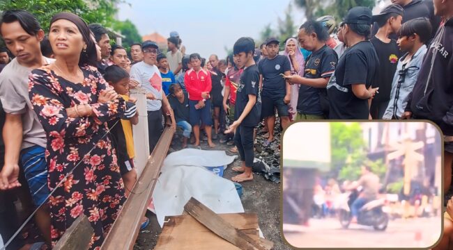 MENINGGAL: Jasad korban sebelum dievakuasi ke RSUD dr. Moh. Saleh Kota Probolinggo. Insert: Korban yang mengendarai motor berhenti ditengah rel. (foto: Hafiz Rozani)