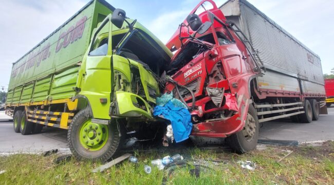 ADU DEPAN: Dua truk tronton yang adu moncong di jalur pantura, Desa Curahsawo, Kec. Gending, Kab. Probolinggo. (foto: Hafiz Rozani).