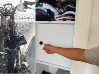 Polisi menunjukkan lokasi di mana pelaku mencuri di sebuah rumah di Dusun Waru, Desa Sumberejo, Kecamatan Pandaan. Insert: Motor pelaku yang dibakar warga. (Foto: Moh Rois)
