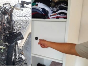 Polisi menunjukkan lokasi di mana pelaku mencuri di sebuah rumah di Dusun Waru, Desa Sumberejo, Kecamatan Pandaan. Insert: Motor pelaku yang dibakar warga. (Foto: Moh Rois)
