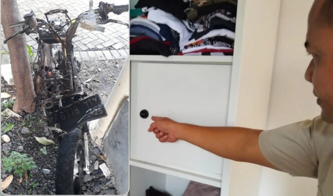 
					Polisi menunjukkan lokasi di mana pelaku mencuri di sebuah rumah di Dusun Waru, Desa Sumberejo, Kecamatan Pandaan. Insert: Motor pelaku yang dibakar warga. (Foto: Moh Rois)
