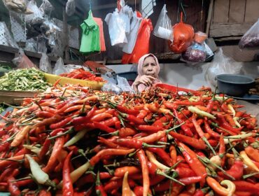 TURUN: Harga komoditas cabai di Pasar Baru Kota Probolinggo terpantau mulai turun. (foto: Hafiz Rozani).