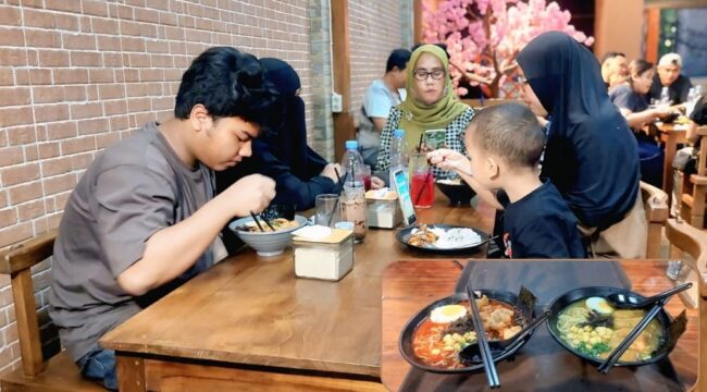 RAMAI: Pengunjung saat buka puasa dengan mie ramen. Insert: Mie ramen yang menjadi menu favorit di Doshi Ramen. (foto: Hafiz.Rozani).